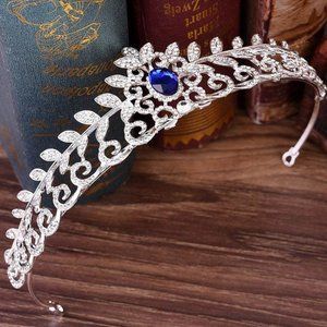 Royal blue silver Crystal Rhinestone Tiara Crown Prom Pageant Bridal weddi…